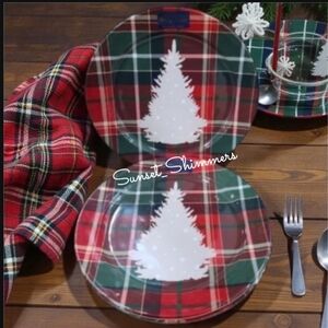 4pc Tommy Bahama Tartan Plaid Christmas Tree Melamine Holiday Dinner Plate Set